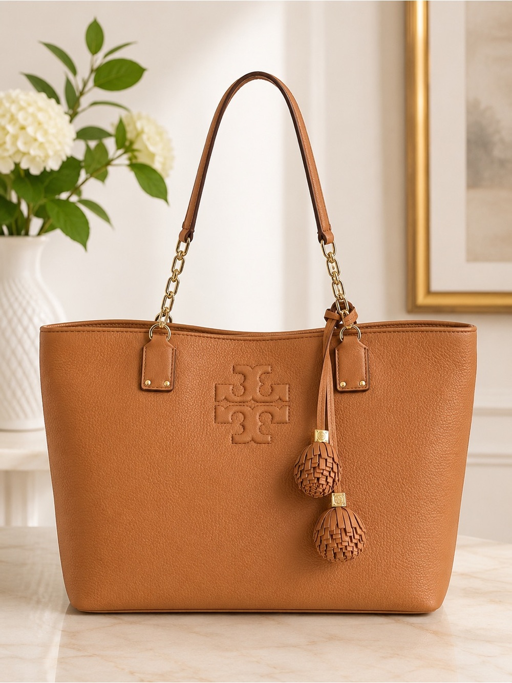 Tory Burch Tan Leather Tote with Tassel Pom-Poms